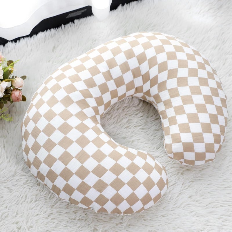 DILIMI Muslin Nursing Pillow Cover 2 Pack, Removable Nursing Cover for Breastfeeding Pillows, Ultra Soft Comfortable Slipcover for Baby Girl and Boy, Beige and Brown Checkered - Image 2